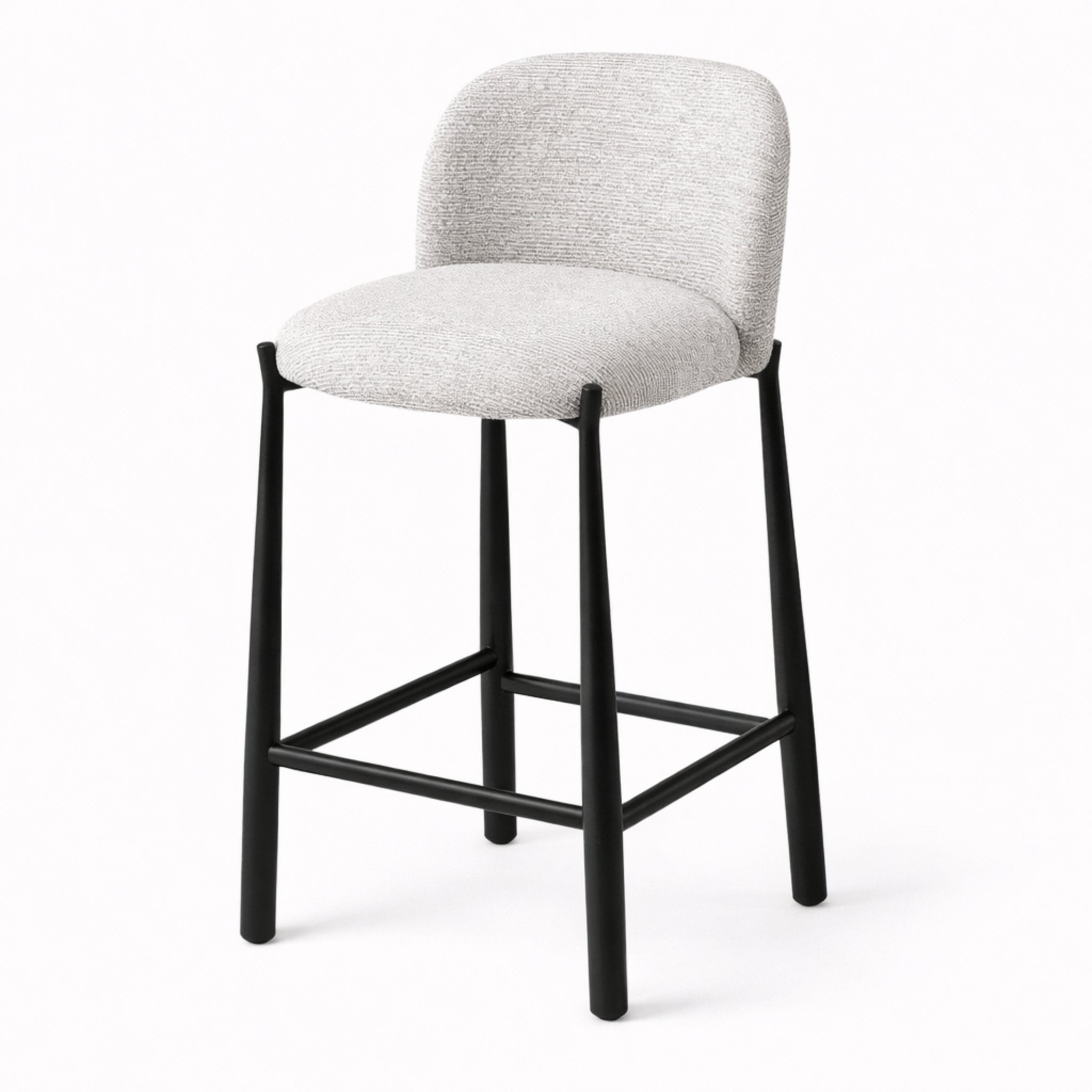 Side view of Ava counter chair featuring curved upholstered backrest, light grey fabric seat, and matte black steel frame