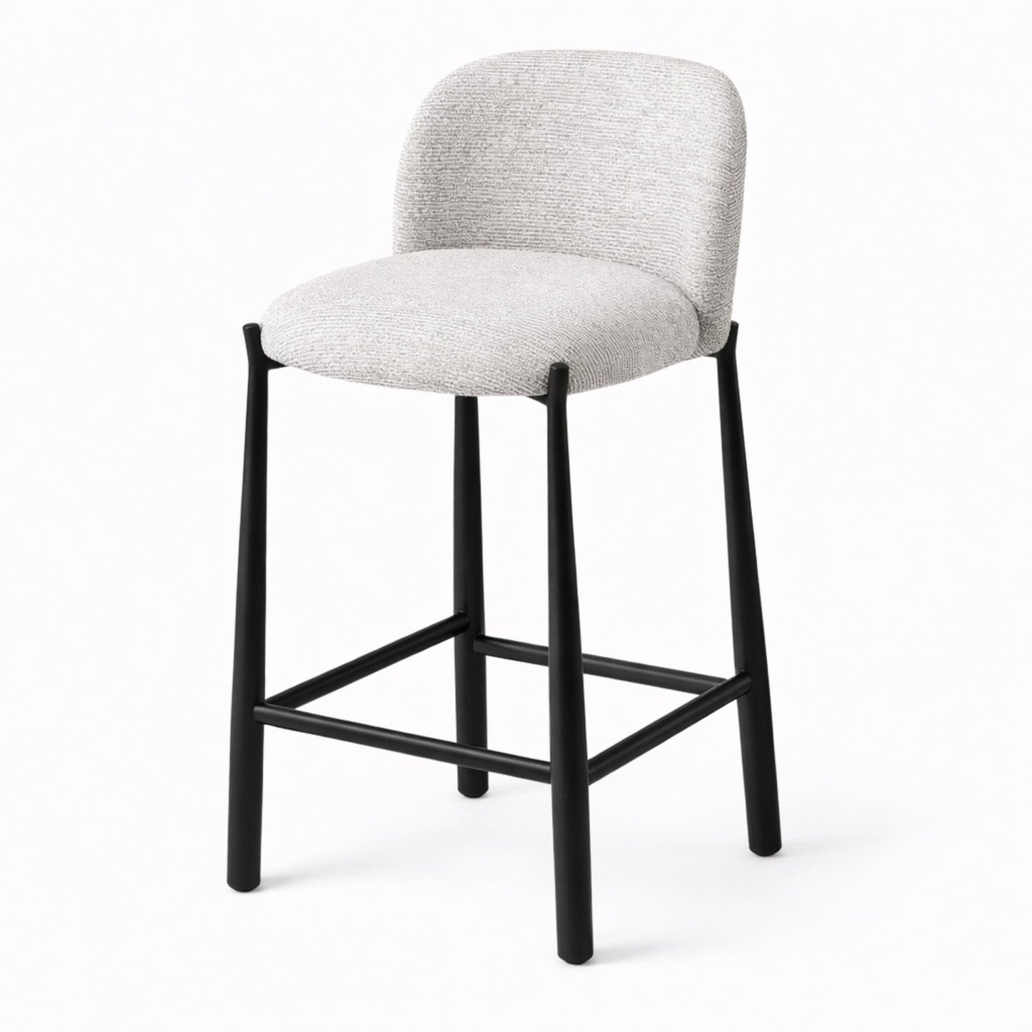 Side view of Ava counter chair featuring curved upholstered backrest, light grey fabric seat, and matte black steel frame
