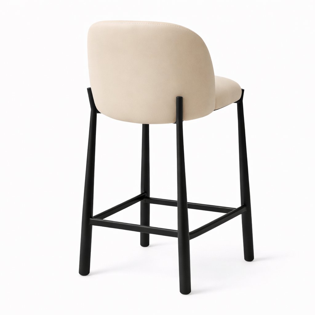 Back view of Ava counter stool showing rounded upholstered back and sturdy black metal base