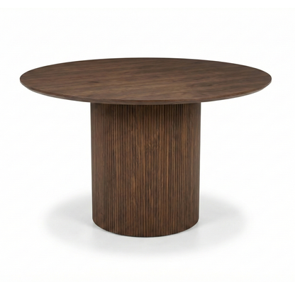 Harper walnut round dining table with modern fluted pedestal base
