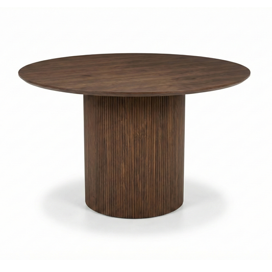 Harper walnut round dining table with modern fluted pedestal base