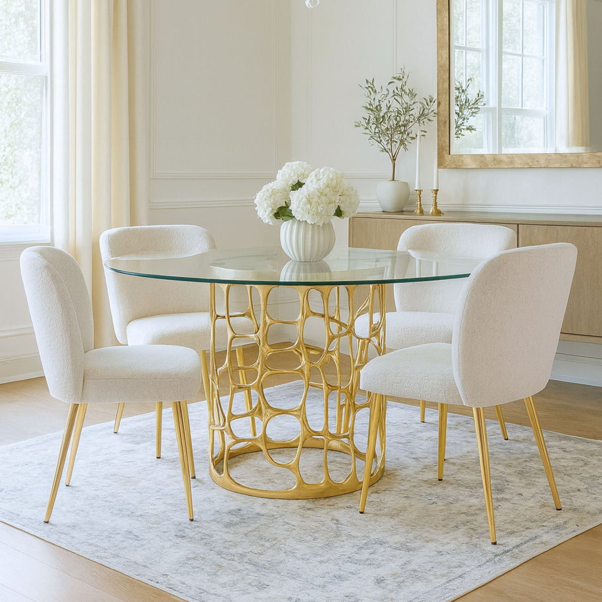 Mia 5PC Dining Table Set in Gold/ Ivory.
