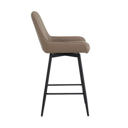 Side profile of Erika dark taupe counter chair featuring cushioned seat, supportive backrest, and matte black metal legs