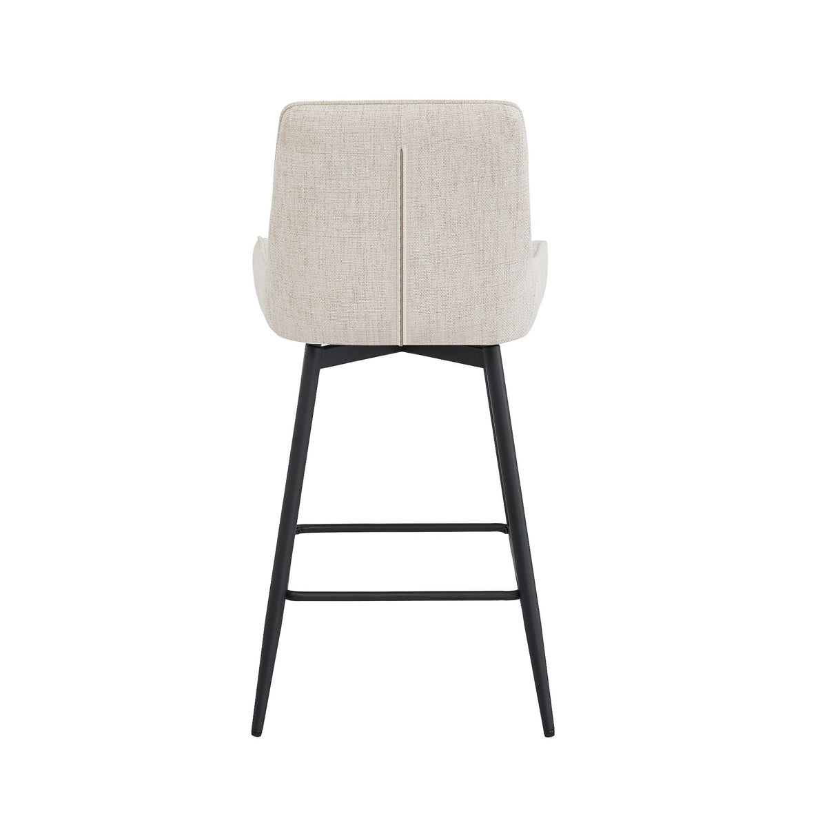 Rear view of Erika beige fabric counter chair with upholstered back and black powder-coated metal frame
