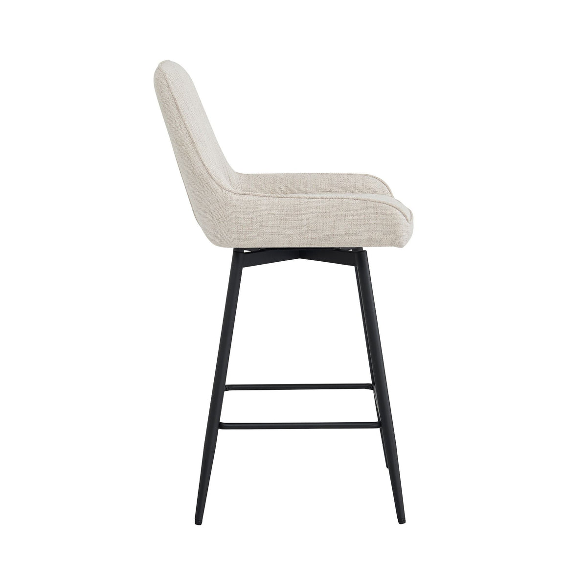 Side view of Erika counter height chair in beige fabric with padded seat and sleek black metal legs