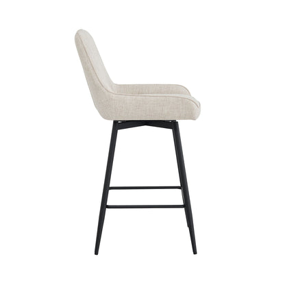 Side view of Erika counter height chair in beige fabric with padded seat and sleek black metal legs