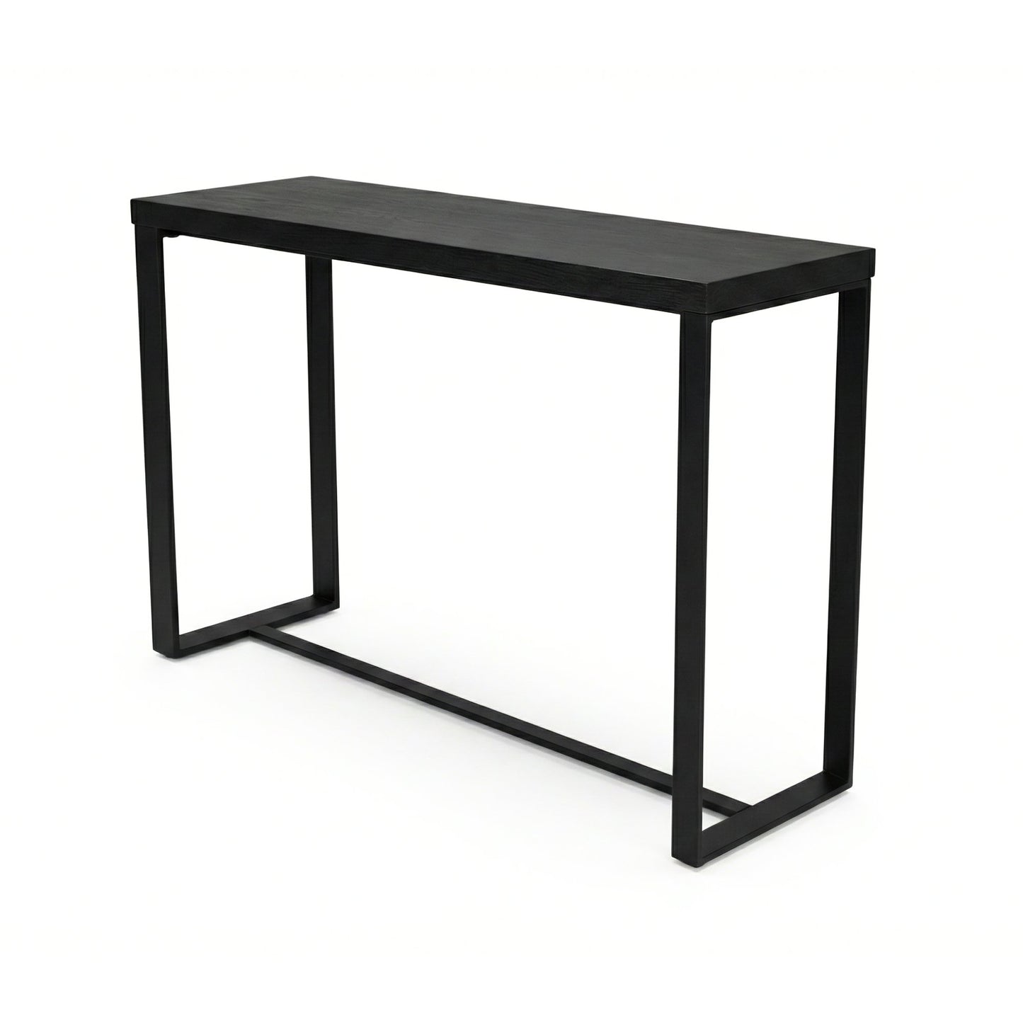 Minimalist black console table with slim profile and sturdy metal legs, designed for modern entryways and narrow spaces.