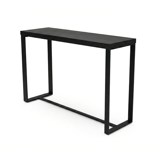 Minimalist black console table with slim profile and sturdy metal legs, designed for modern entryways and narrow spaces.
