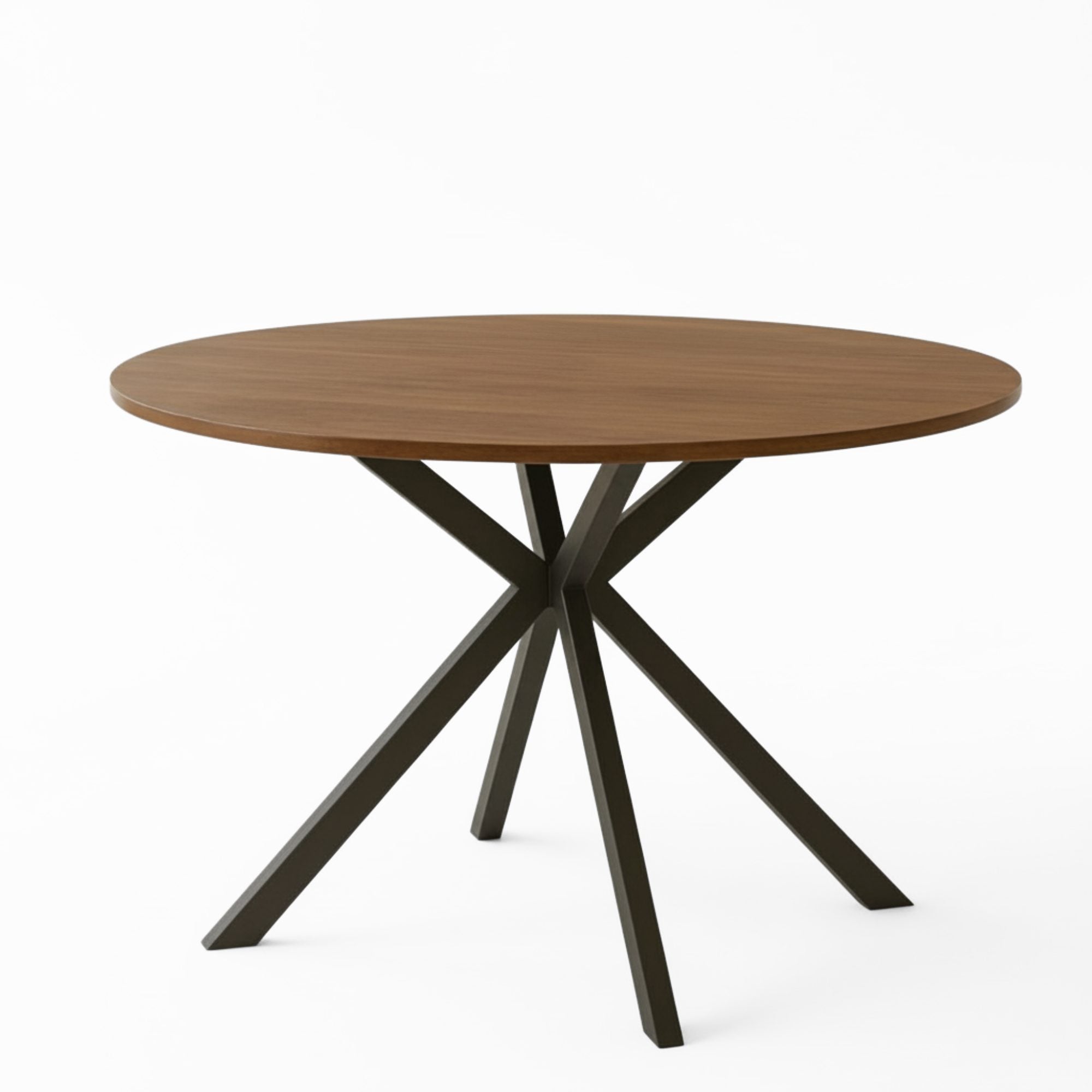 Ivanna round dining table in walnut featuring a black metal star base shown on a white background
