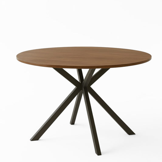 Ivanna round dining table in walnut featuring a black metal star base shown on a white background