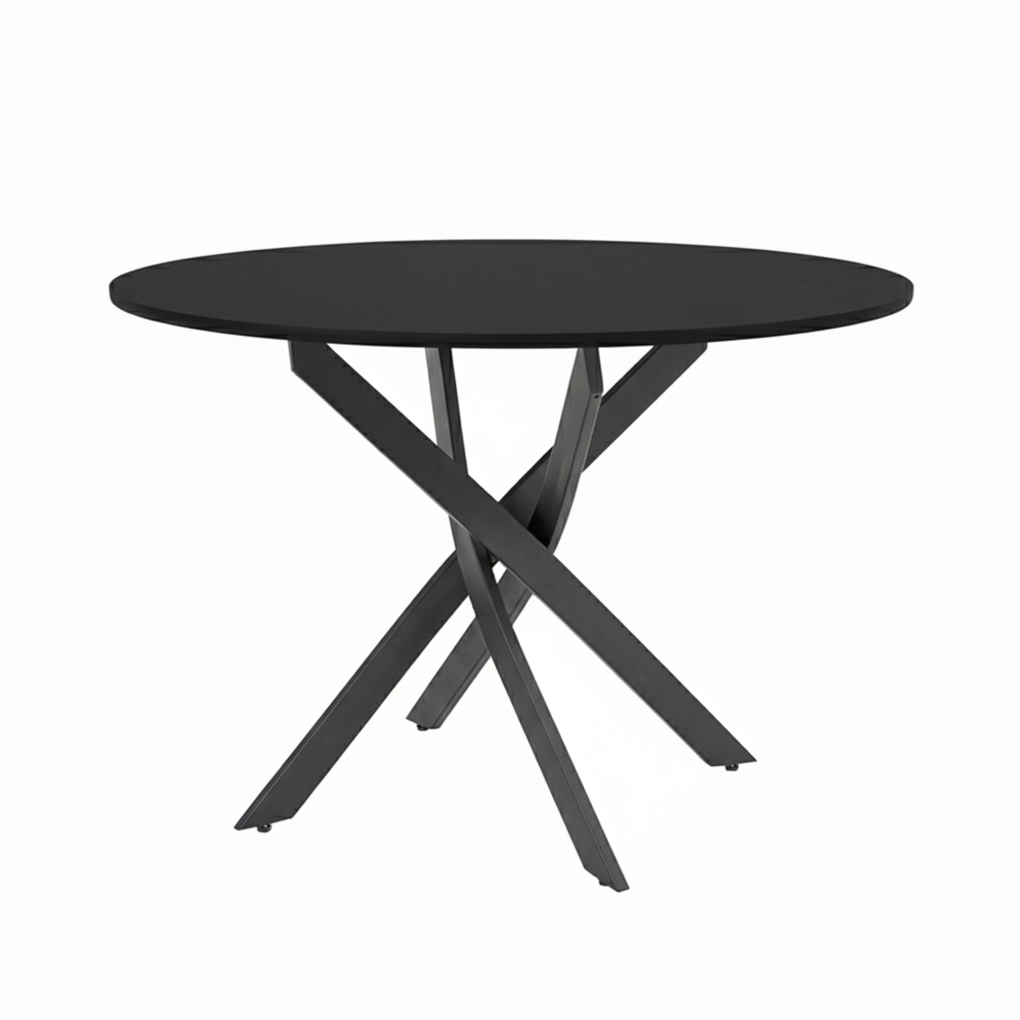Olen round black dining table with sculptural cross metal base on white background