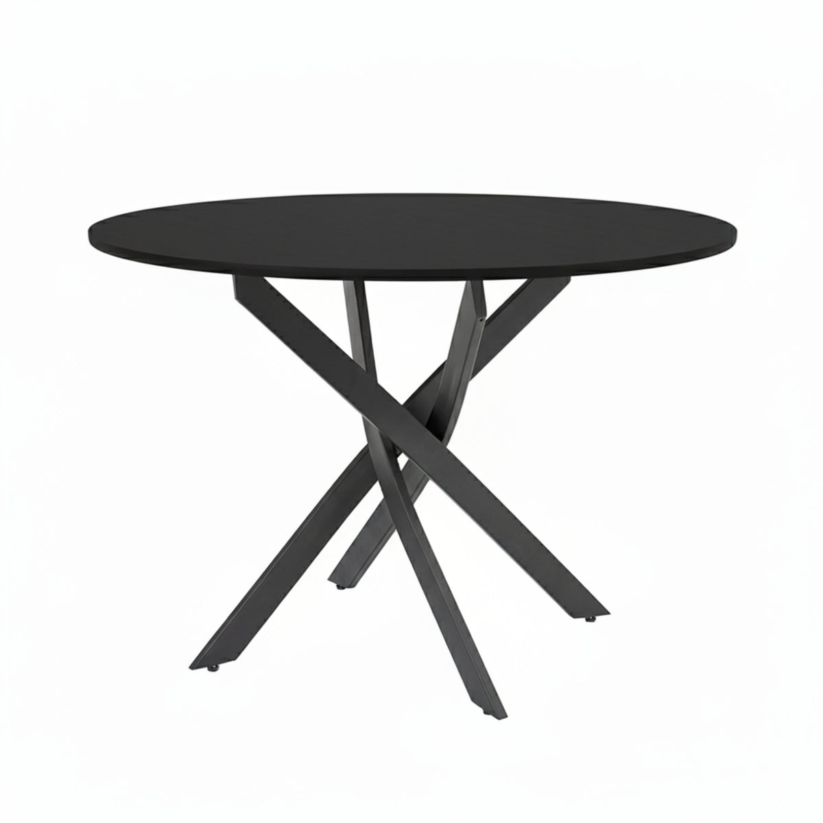 Olen round black dining table with sculptural cross metal base on white background