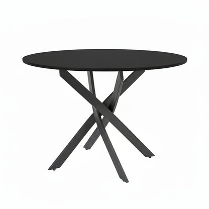 Olen round black dining table with sculptural cross metal base on white background