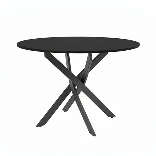 Olen round black dining table with sculptural cross metal base on white background