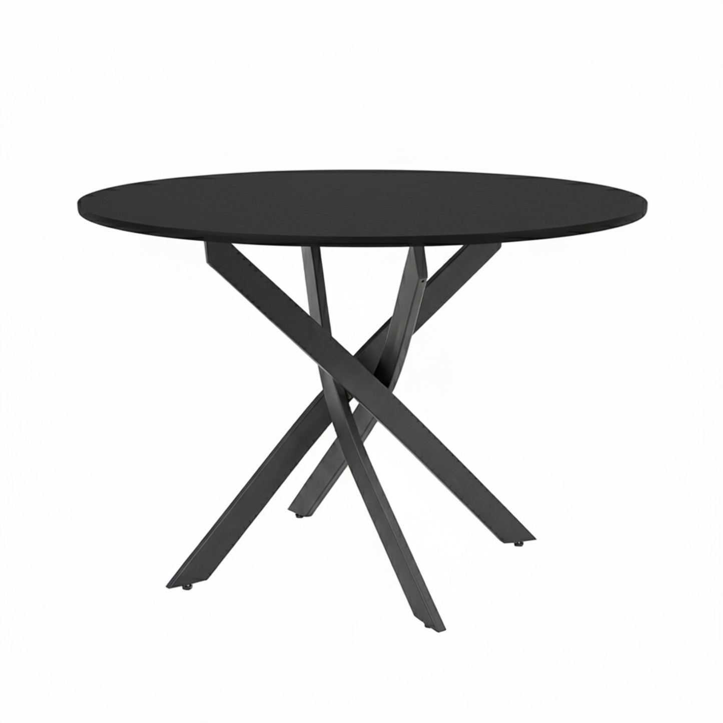 Olen round black dining table with sculptural cross metal base on white background